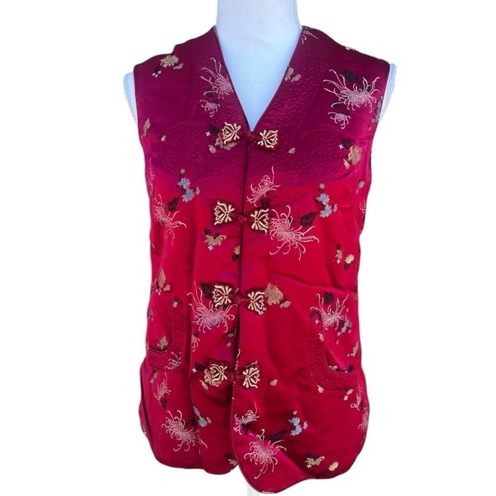 Vintage Women's Chinese Quilted Satin Brocade Waistcoat Red With Pockets Size L
